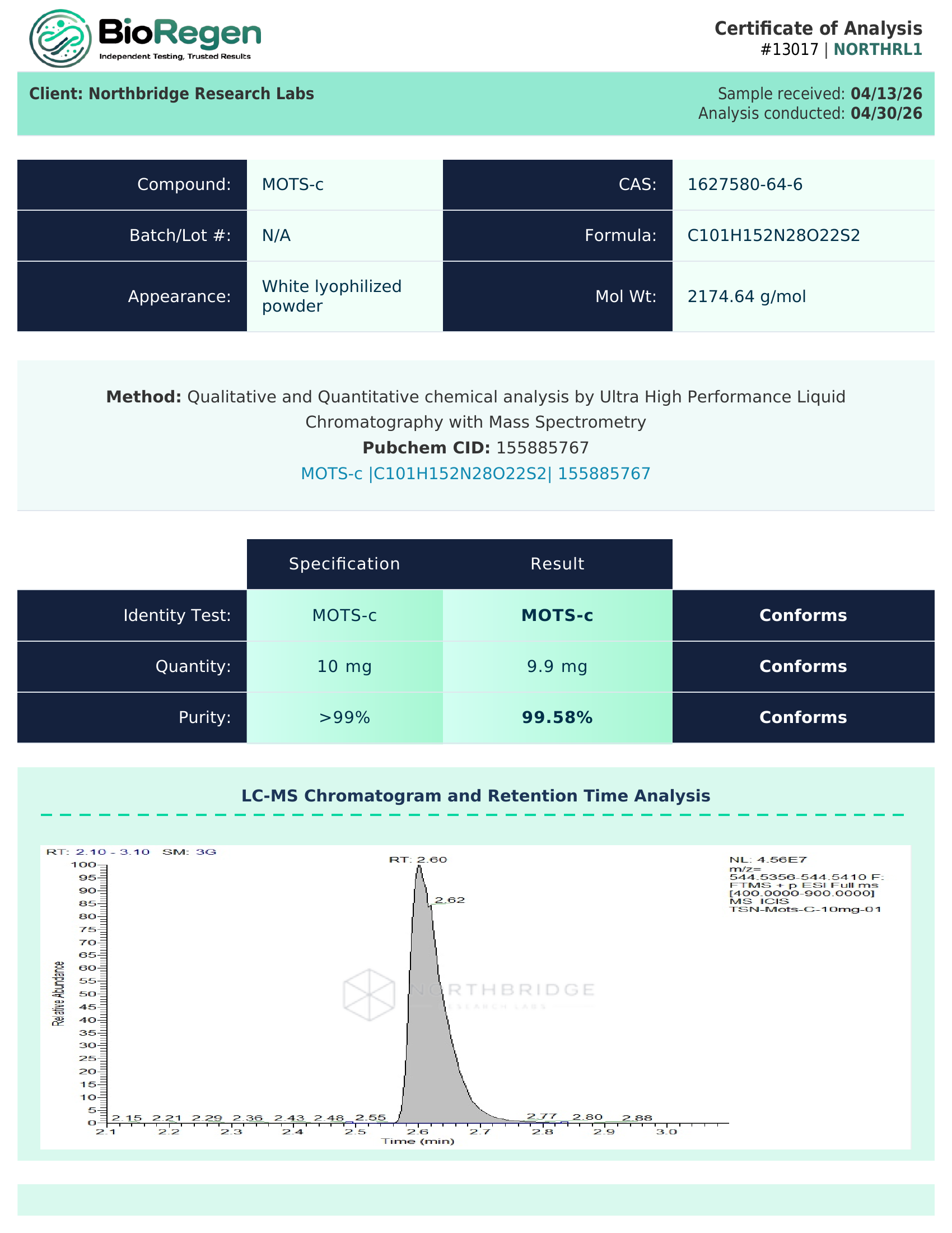 MOTS-c Certificate of Analysis — page 1