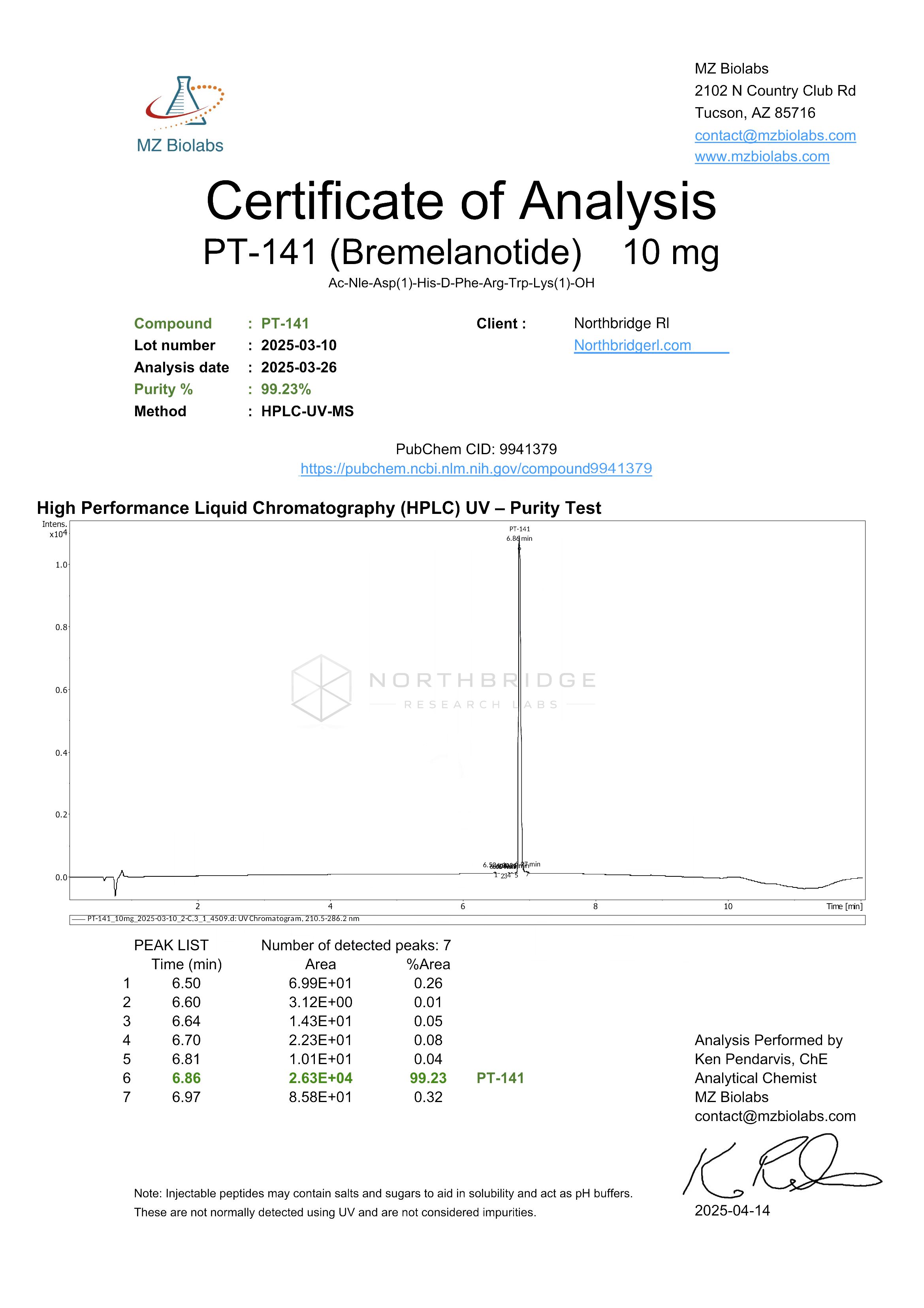 PT-141 Certificate of Analysis — page 1