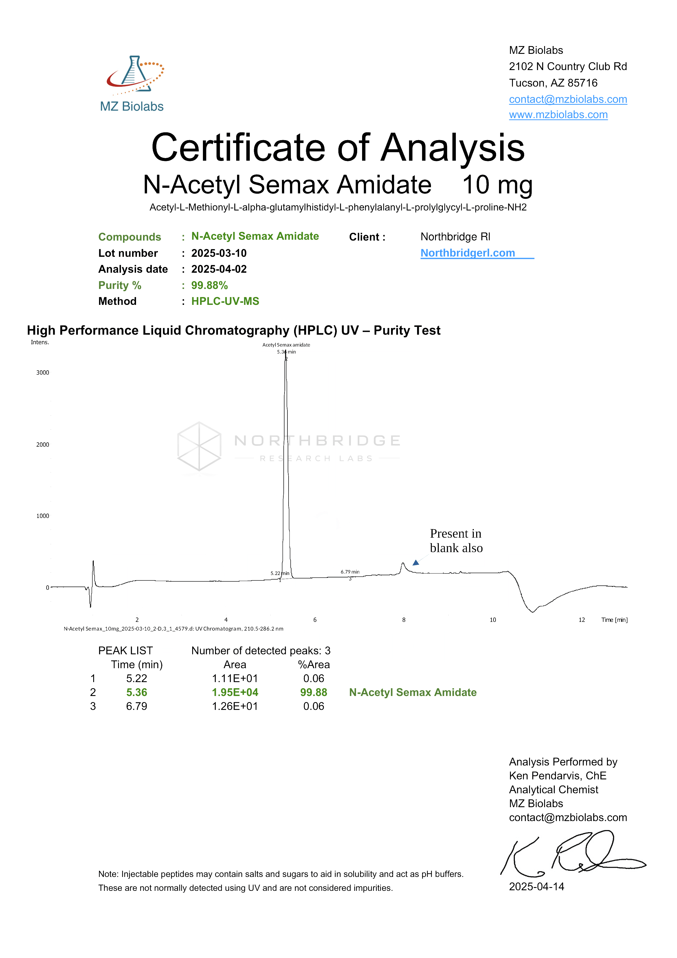 Semax Certificate of Analysis — page 1