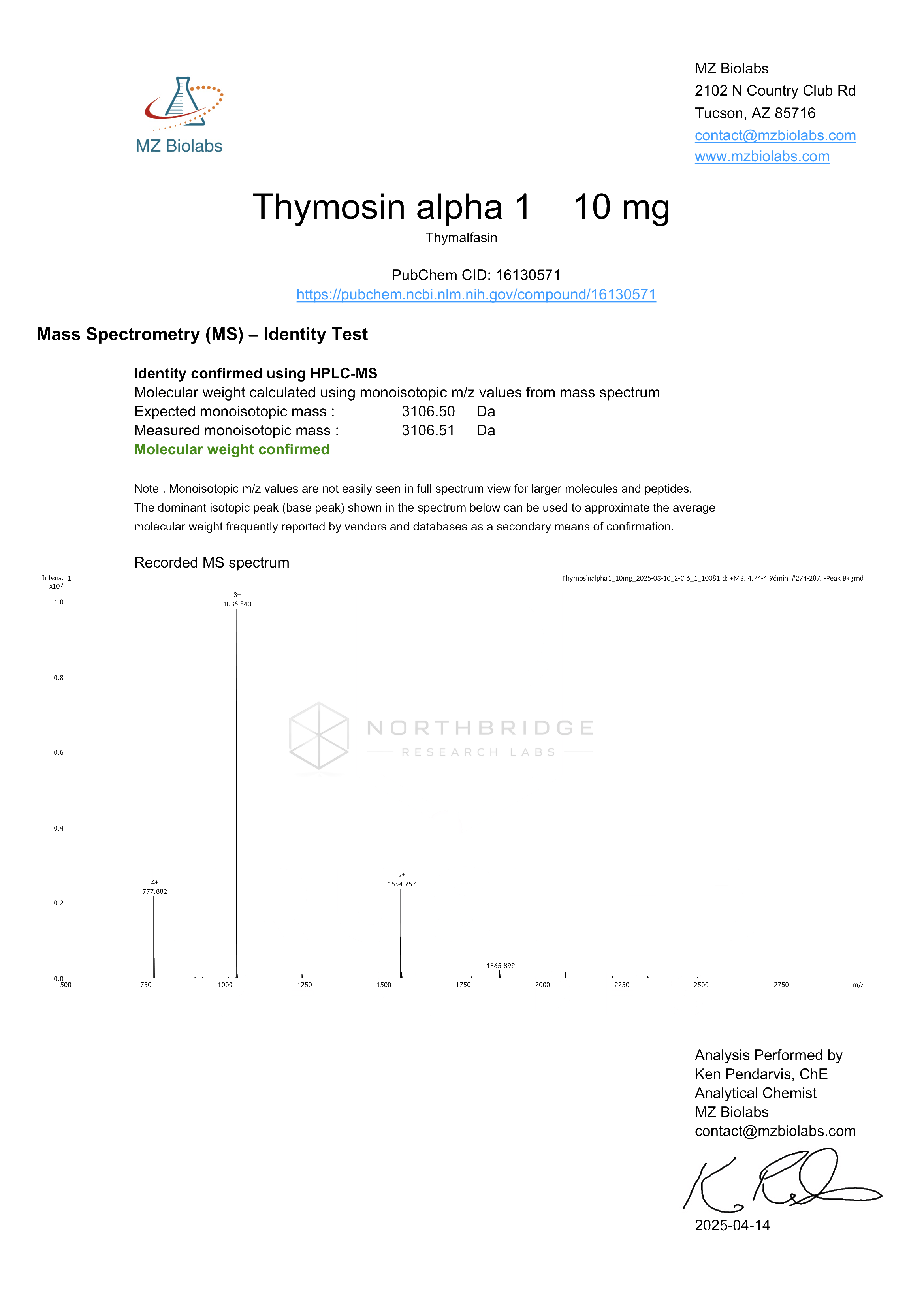 Tα1 Certificate of Analysis — page 2