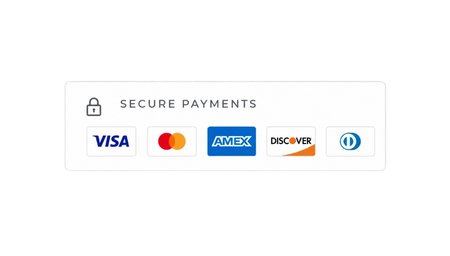 Secure Payment Methods - Visa, Mastercard, American Express, Discover, PayPal